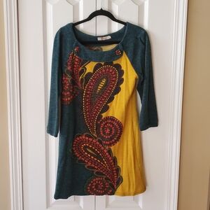 Aryeh Teal and Yellow Paisley Mini Dress